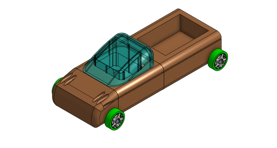 CAD model of a stylized car with green wheels and transparent windshield